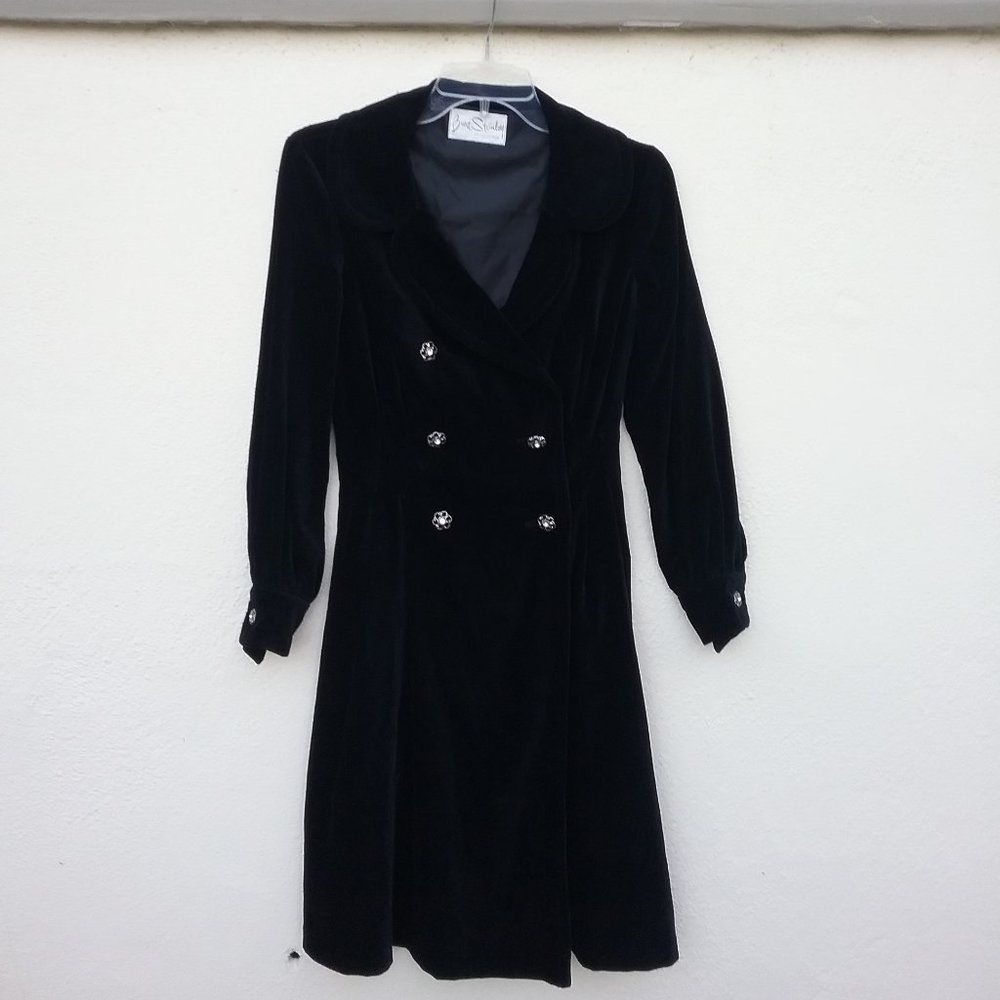 Vintage Black Velvet Midi Coat Dress Size S Holiday Cocktail Classic Old Money